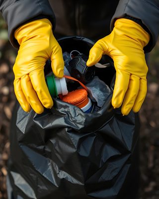 Gloved Hands Collecting Litter in Autumn Woods
